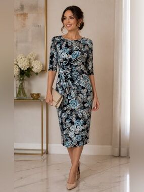 dressbarn  elegant Blue Floral Twist-Front Midi Dress size 4 NWT